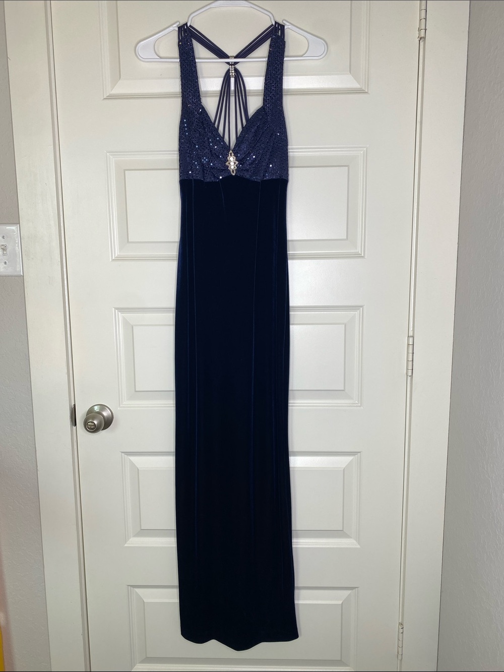 Navy Beaded Velvet Evening Gown